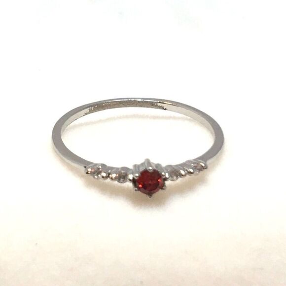 Sterling Silver Ring Size 7.75 925 Thin Band Red Cubic Zirconia CZ Dainty - Flaw - Picture 10 of 15
